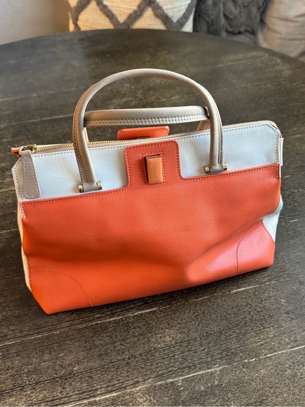 Furla Beautiful Two-Tone Orange, Cream and Tan Handbag - Picture 2 of 8